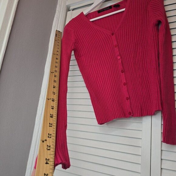 EXPRESS Rib Cotton Button Cardigan Pink Slim Long Sleeve V Neck Women Large Y2K - Picture 9 of 12